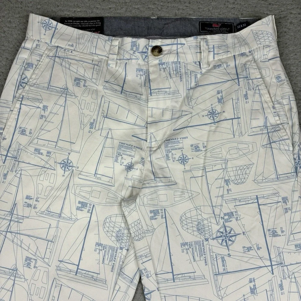 Vineyard Vines Breaker Pants Men's 32x32 White Nautical Print Straight Leg NWT